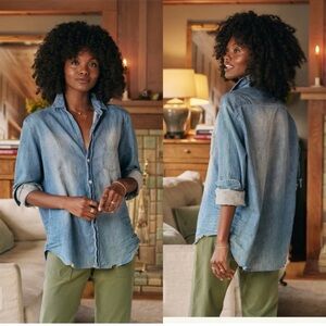 Frank & Eileen Relaxed Button Up Long Sleeve Famous Denim Distressed Shirt Sz XS